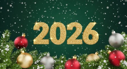 Golden glitter 2026 numbers with sparkling lights and festive Christmas ornaments on snowy fir branches against a dark green background with falling snow