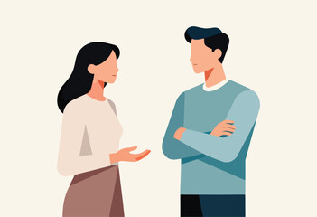 Fototapeta premium Illustration of two people in conversation, a woman gesturing with her hand, a man with crossed arms, side view