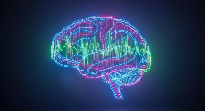 Glowing neon human brain with vibrant brainwave patterns inside, symbolizing neural activity, consciousness, and artificial intelligence on a dark background