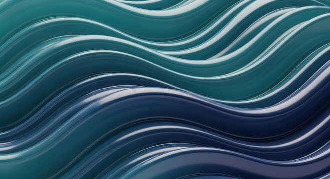 Wavy blue and green glossy three-dimensional ribbons flow horizontally in a beautiful abstract pattern with soft gradients and reflective highlights creating a sense of movement