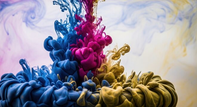 Vibrant blue, magenta, and yellow ink clouds swirling and mixing in water, creating a dynamic abstract explosion of colorful fluid motion against a light, clean background