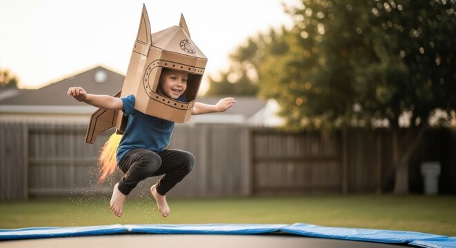 Smiling child in a homemade rocket costume joyfully leaps into the air on a trampoline, imagining a space adventure in his backyard during a warm sunset