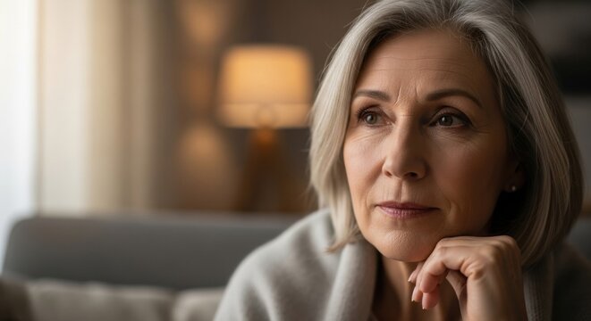 Pensive mature woman with short grey hair rests her chin on her hand, looking away thoughtfully with a calm expression in a softly lit home interior