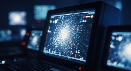 Obraz premium Vintage computer monitor screen displaying complex data visualization as a glowing digital particle cloud in a dark, retro-futuristic control room with a shallow depth of field