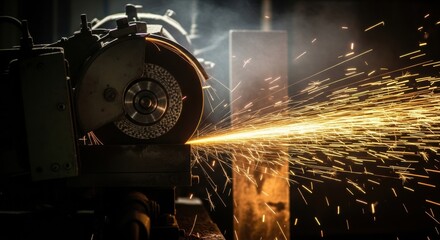 Metal grinding machine with a spinning abrasive wheel creates a shower of hot bright sparks while cutting steel in a dark industrial workshop with smoke in the background