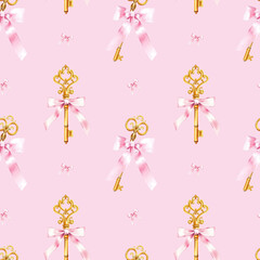 Seamless pattern with pink vintage keys with pink ribbons for Valentine's Day, love, February 14, in watercolor style. for wedding, birthday. Vector.