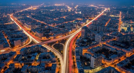 Vibrant urban cityscape with a highway interchange illuminated by long exposure light trails from traffic at night, showing a dynamic and sprawling modern metropolis from an aerial view
