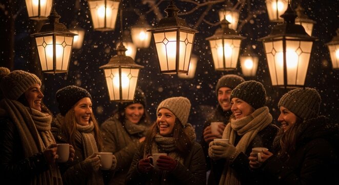 Group of happy young friends laughing together while drinking hot beverages under glowing lanterns on a snowy winter night at a festive outdoor market