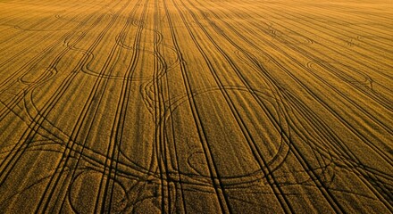 Golden agricultural crop field with vehicle tracks forming abstract linear and curved patterns under warm evening light, seen from a high aerial drone view