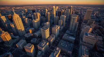 Sprawling urban cityscape with numerous skyscrapers and high-rise buildings illuminated by warm golden hour light during a beautiful sunset, creating long shadows across the downtown district