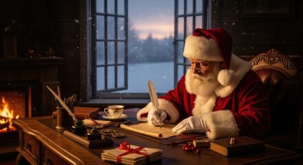 Fototapeta premium Santa Claus in a red suit writing on a parchment scroll with a quill pen while sitting at a wooden desk in a cozy, warm room with a fireplace and a snowy window