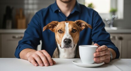 Funny brown and white dog sits at a kitchen table with its owner, looking seriously at the camera while the man holds a white coffee cup in a humorous scene