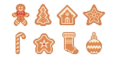 Christmas Gingerbread Cookies with Icing Pixel Art 8 bit game icon vector set