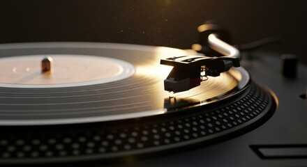 Vintage record player stylus on a spinning black vinyl disc with warm golden light creating a nostalgic and atmospheric mood in a close-up shot with floating dust particles