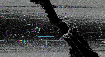 Broken digital screen with cracked glass showing colorful pixel glitches, digital noise, and static interference as an abstract technology background