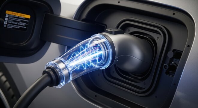 Futuristic electric vehicle charging cable with a transparent section revealing glowing blue energy being supplied to a modern car, illustrating advanced e-mobility and green technology