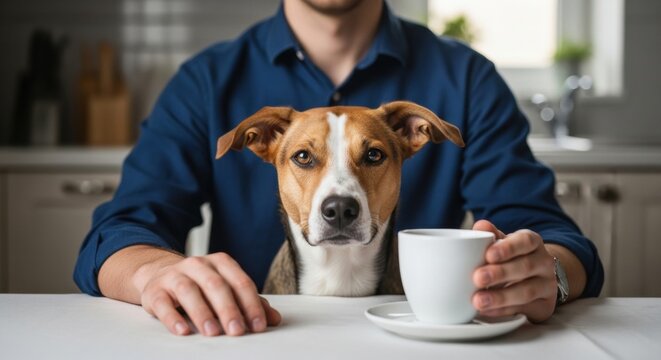 Funny brown and white dog sits at a kitchen table with its owner, looking seriously at the camera while the man holds a white coffee cup in a humorous scene - Powered by Adobe