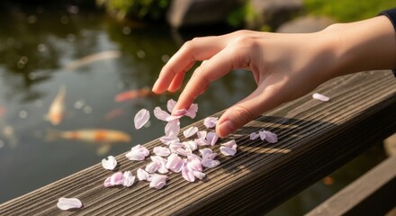 Woman's hand gently touching pink cherry blossom petals on a wooden railing above a tranquil pond with koi fish, capturing a serene moment in a spring garden