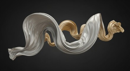 Luxurious silver and gold satin fabric elegantly flowing in graceful waves and folds with a beautiful silky texture, creating an abstract design on a dark gray background