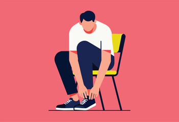 Fototapeta premium Vector illustration of a person sitting on a chair, tying their shoelaces, red backdrop