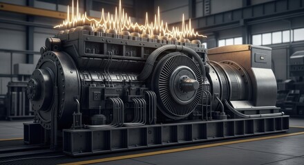Large industrial electric generator machine with a glowing yellow energy pulse waveform sits inside a modern factory, symbolizing power generation and advanced technology