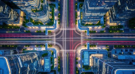 Illuminated urban crossroads with modern skyscrapers and vibrant traffic light trails creating a dynamic cityscape at night, captured from a symmetrical top-down aerial perspective