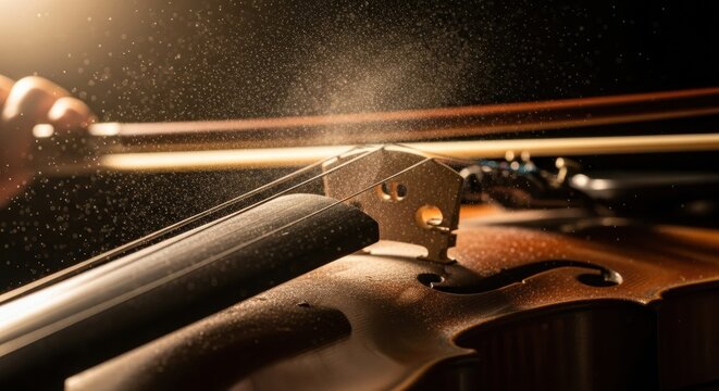 Close-up of a classical wooden violin with a bow moving across the strings, creating a magical cloud of rosin dust in warm, dramatic light against a dark background - Powered by Adobe