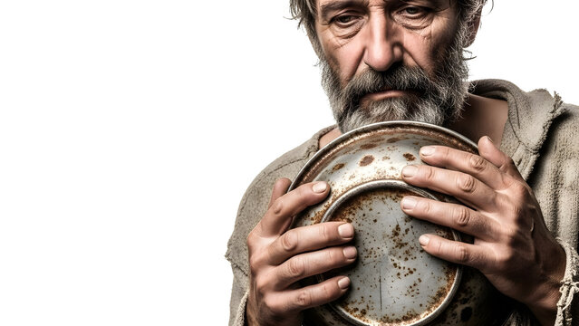 Desperate man holds out a rusty bowl begging for help and financial assistance