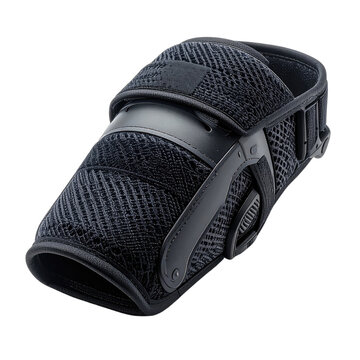 Close-up view of a black adjustable forearm or wrist brace against a dark background.