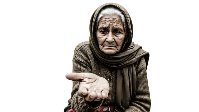 Elderly woman with outstretched hand begging for help in a dark environment