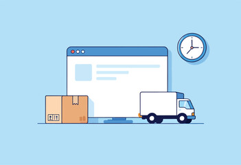 An illustration depicts online shopping with a monitor, boxes, a delivery truck, and a clock on a blue background