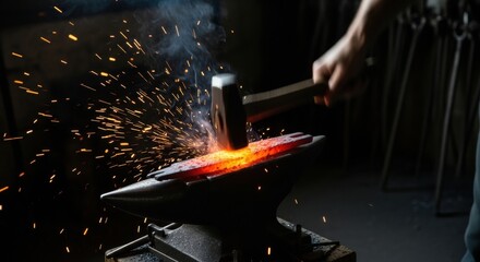 Blacksmith's hand with a hammer forging a glowing hot piece of metal on an anvil, with bright orange sparks flying in a dark, moody workshop