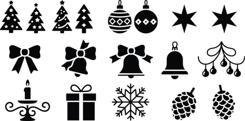 Christmas silhouette icon set, black and white festive vector, holiday decorations, seasonal symbols, ornament collection, design elements, commercial use