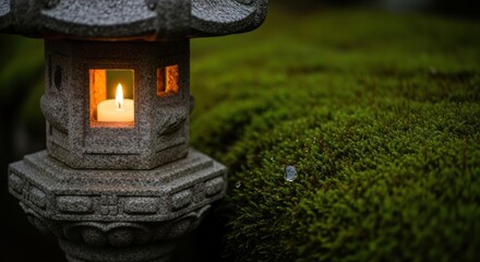 Traditional gray stone garden lantern with a glowing candle inside sits peacefully on lush green moss with glistening water droplets in a tranquil, meditative scene