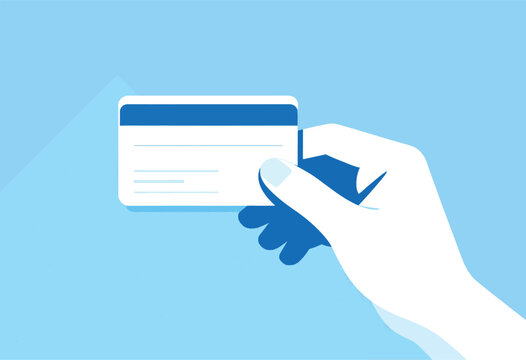 Illustration of a hand holding a credit card on a light-blue background, minimal, flat design