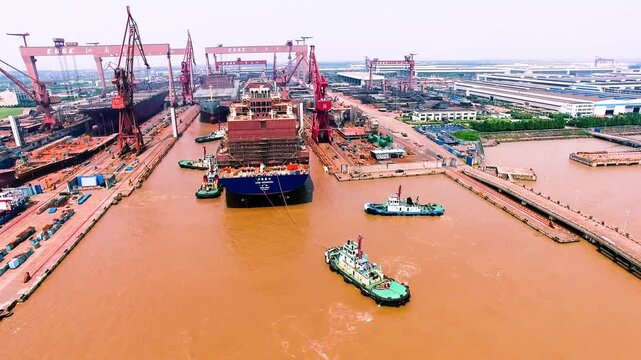 Industrial Shipyard Manufacturing with Heavy Equipment and Vessel Construction