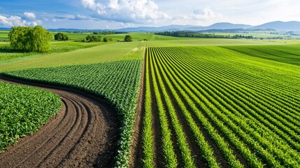 Aerial View of Lush Green Crop Fields with Geometric Rows and Distant Mountains.