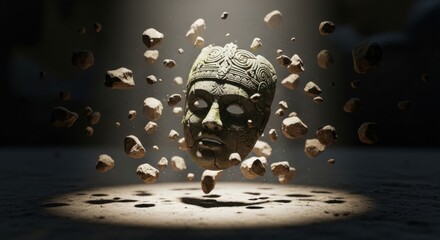 Cracked ancient stone tribal mask levitating mysteriously among floating rocks and dust particles, illuminated by a dramatic spotlight from above in a dark, atmospheric scene