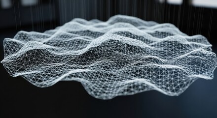 White abstract wireframe grid with connected dots forming a wavy, undulating surface suspended in the air against a dark, minimalist background with shallow depth of field