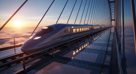 Naklejka premium Modern high-speed bullet train with illuminated windows travels on a futuristic suspension bridge above the clouds during a beautiful, scenic sunset