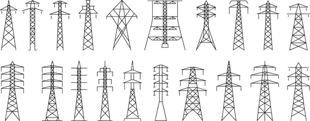 Electrical transmission tower vector set, black silhouette icons, power line structures, utility pylons collection, engineering design elements, infrastructure illustration, commercial use