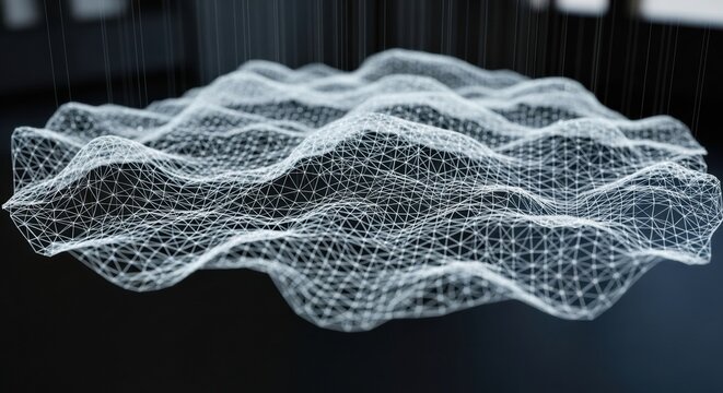 White abstract wireframe grid with connected dots forming a wavy, undulating surface suspended in the air against a dark, minimalist background with shallow depth of field - Powered by Adobe