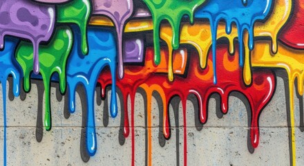 Colorful dripping paint graffiti detail with vibrant rainbow colors melting down a rough gray urban concrete wall, a close-up of modern street art with bold outlines