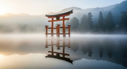 Large traditional orange wooden torii gate stands in calm water, its perfect reflection shimmering on the surface during a serene and misty sunrise with mountains