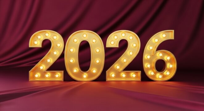 Golden 2026 marquee numbers with glowing lightbulbs create a festive and glamorous scene, standing on a reflective surface against a deep red silk curtain backdrop - Powered by Adobe