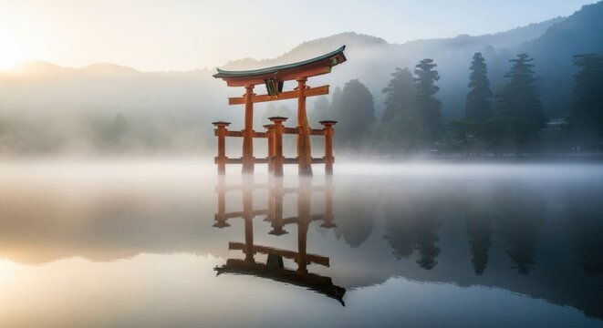 Large traditional orange wooden torii gate stands in calm water, its perfect reflection shimmering on the surface during a serene and misty sunrise with mountains
