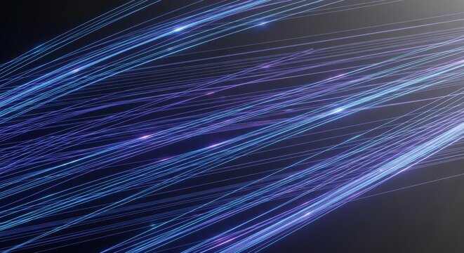 Glowing blue and purple fiber optic cables streaming diagonally in a dynamic abstract pattern representing high-speed data and network connection on a dark background - Powered by Adobe