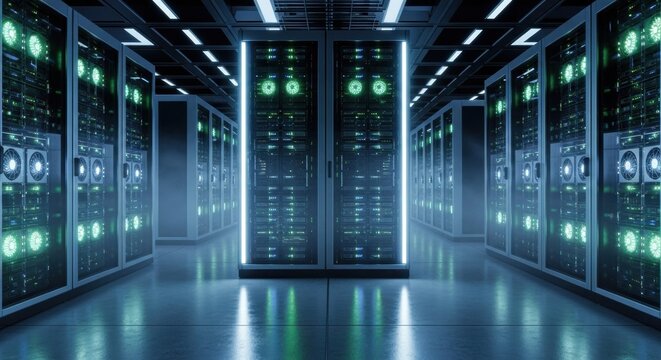Rows of modern server racks with glowing green lights stand in a futuristic data center aisle with cool blue illumination and reflections on the polished floor