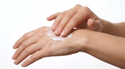 Close-up of a woman's hand with lotion on the back of her hand.