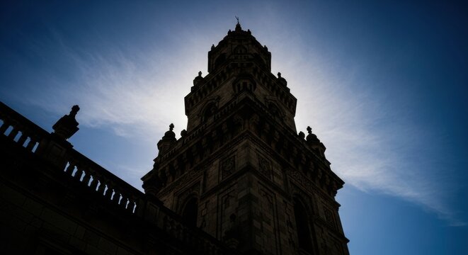 Ornate historic stone church tower silhouetted against a bright sun and deep blue sky, a dramatic low angle shot emphasizing its grand architecture